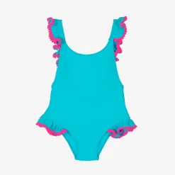 Girls Blue Ruffle & Pink Pom-Pom Swimsuit