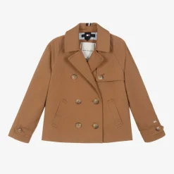 Girls Brown Cotton Double Breasted Jacket