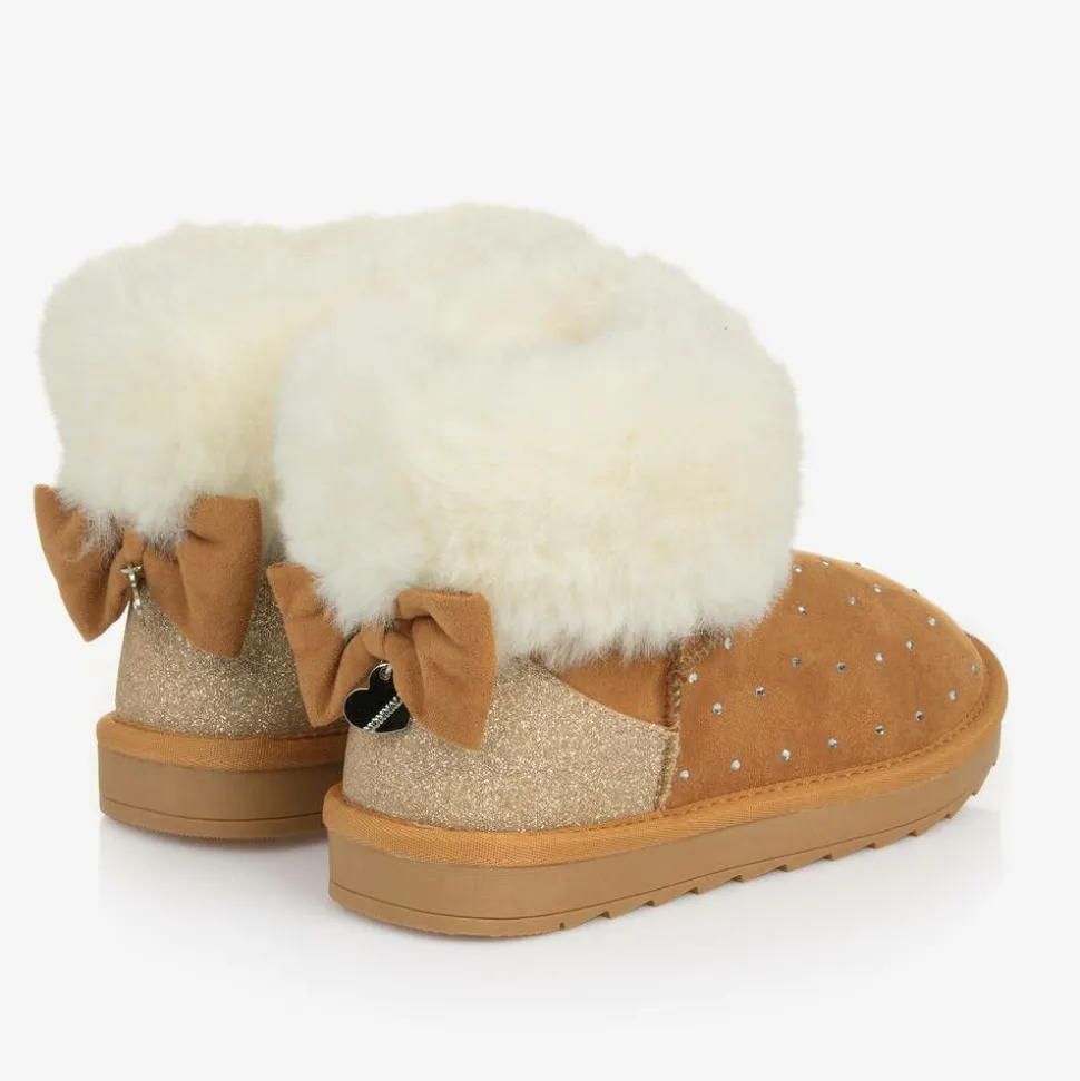Girls Brown Faux Suede & Fur Trim Boots