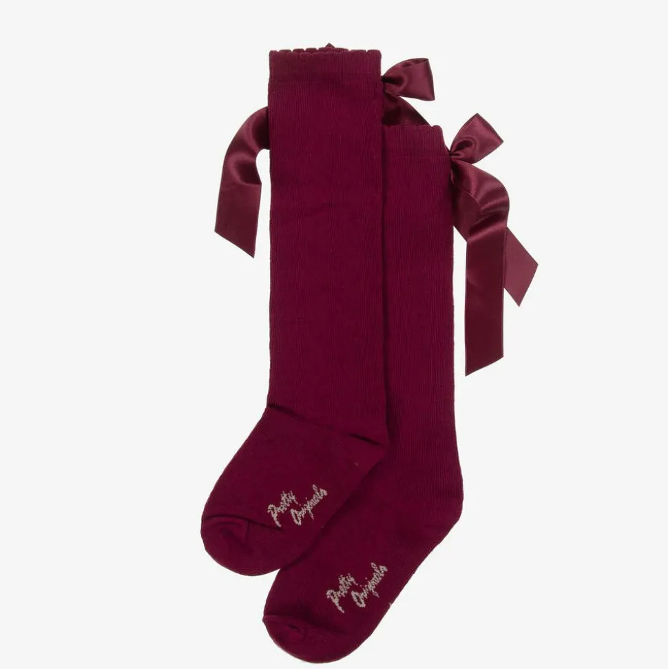 Girls Burgundy Red Cotton Bow Socks