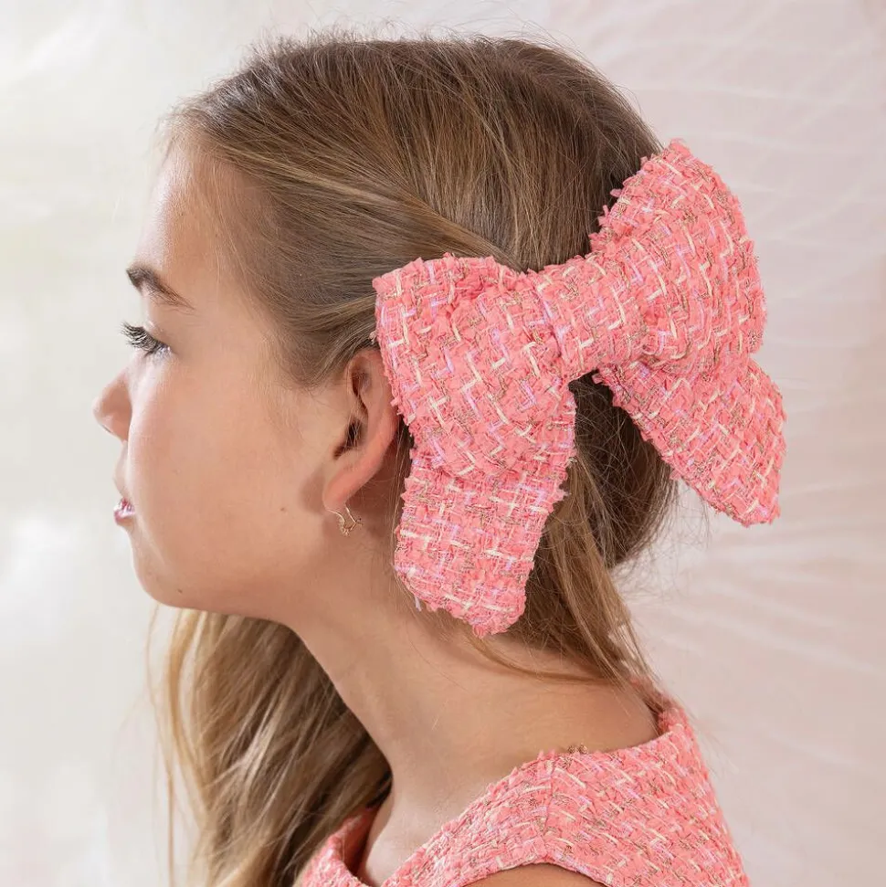 Girls Coral Pink Tweed Bow Hair Clip (14cm)