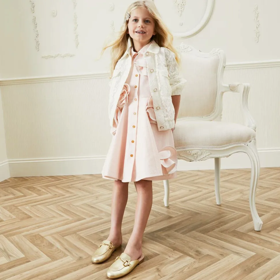 Girls Gold Leather Backless Loafers