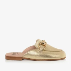 Girls Gold Leather Backless Loafers