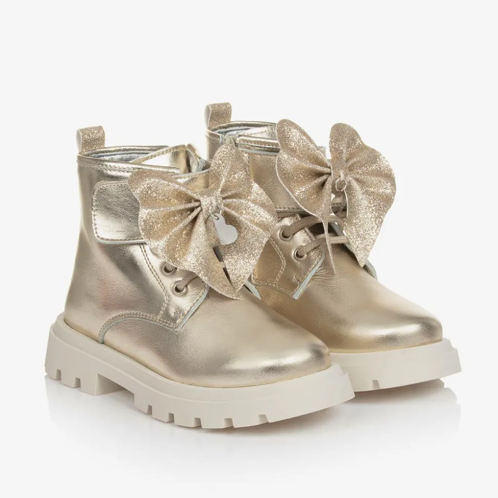 Girls Gold Leather Bow Ankle Boots