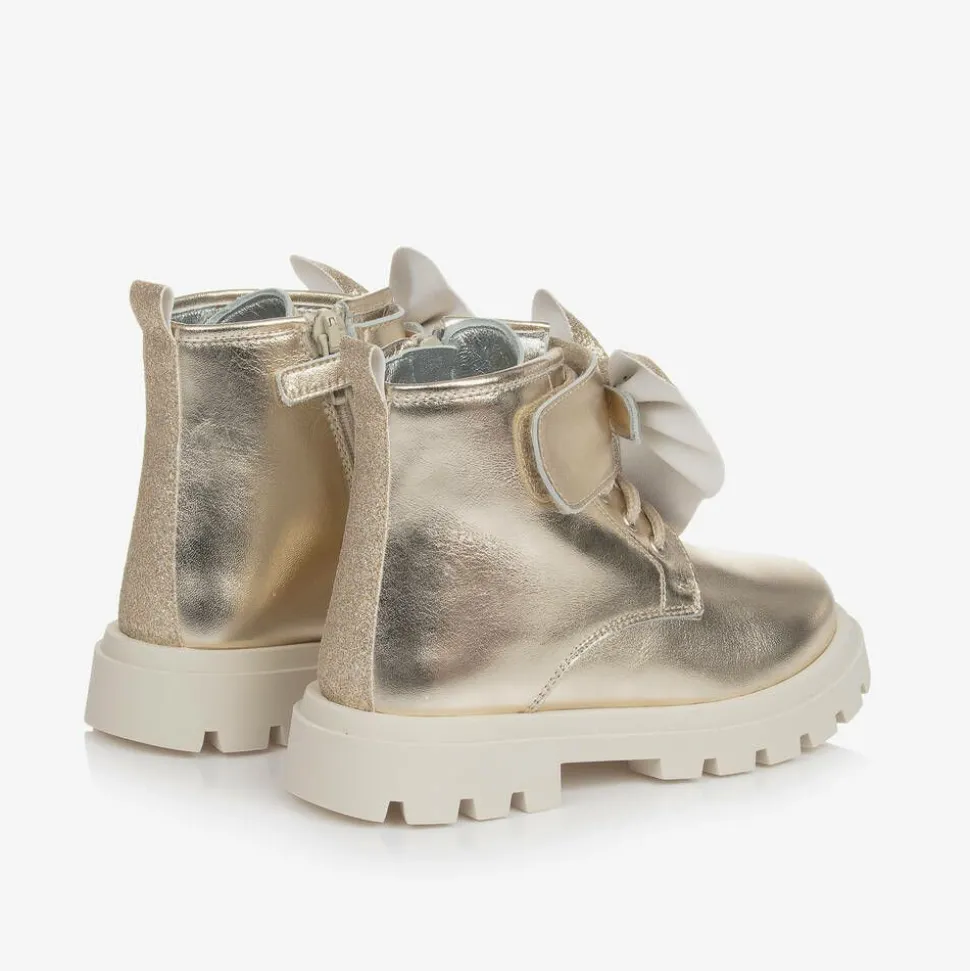 Girls Gold Leather Bow Ankle Boots