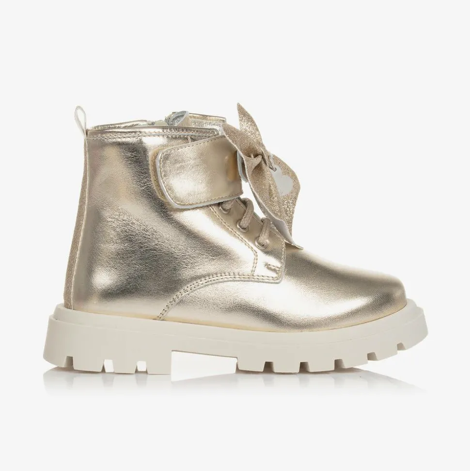 Girls Gold Leather Bow Ankle Boots