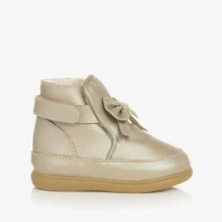 Girls Gold Leather Bow First Walker Boots