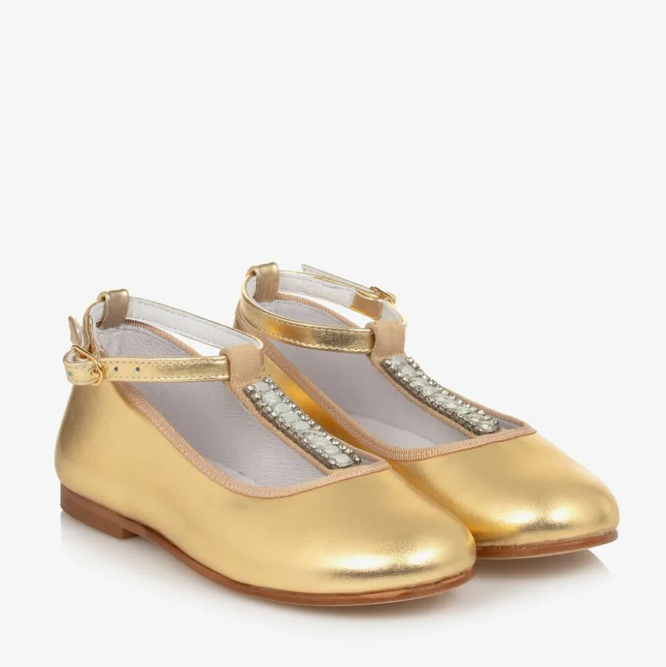 Girls Gold Leather Diamanté T-Bar Shoes