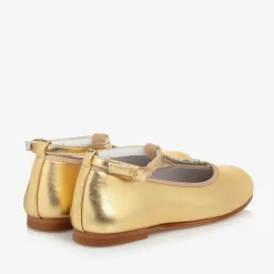 Girls Gold Leather Diamanté T-Bar Shoes