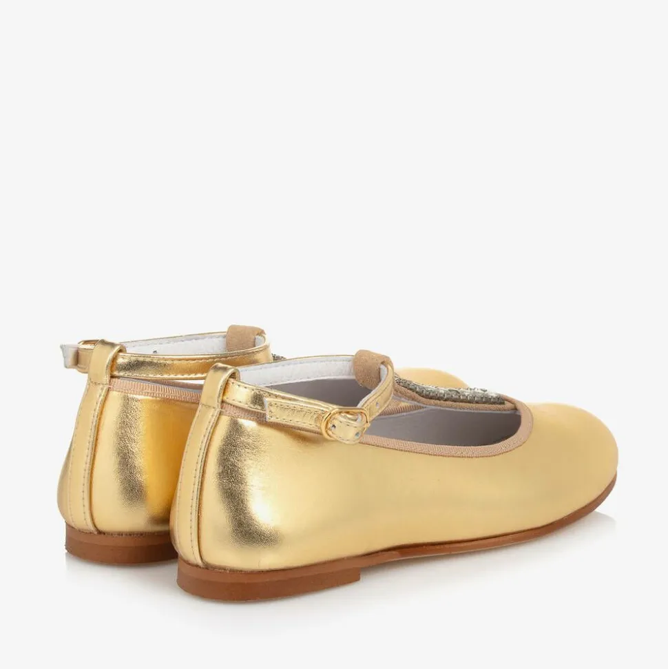 Girls Gold Leather Diamanté T-Bar Shoes