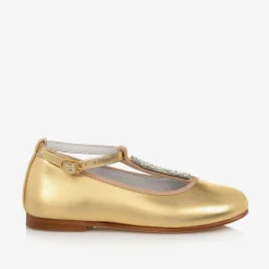 Girls Gold Leather Diamanté T-Bar Shoes