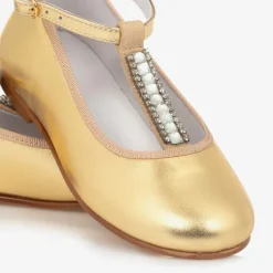 Girls Gold Leather Diamanté T-Bar Shoes