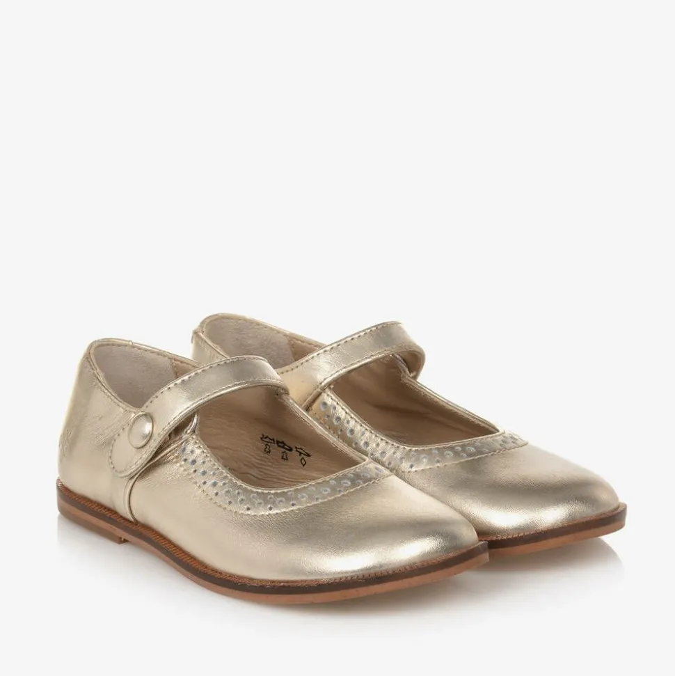 Girls Gold Leather Mary Jane Pumps
