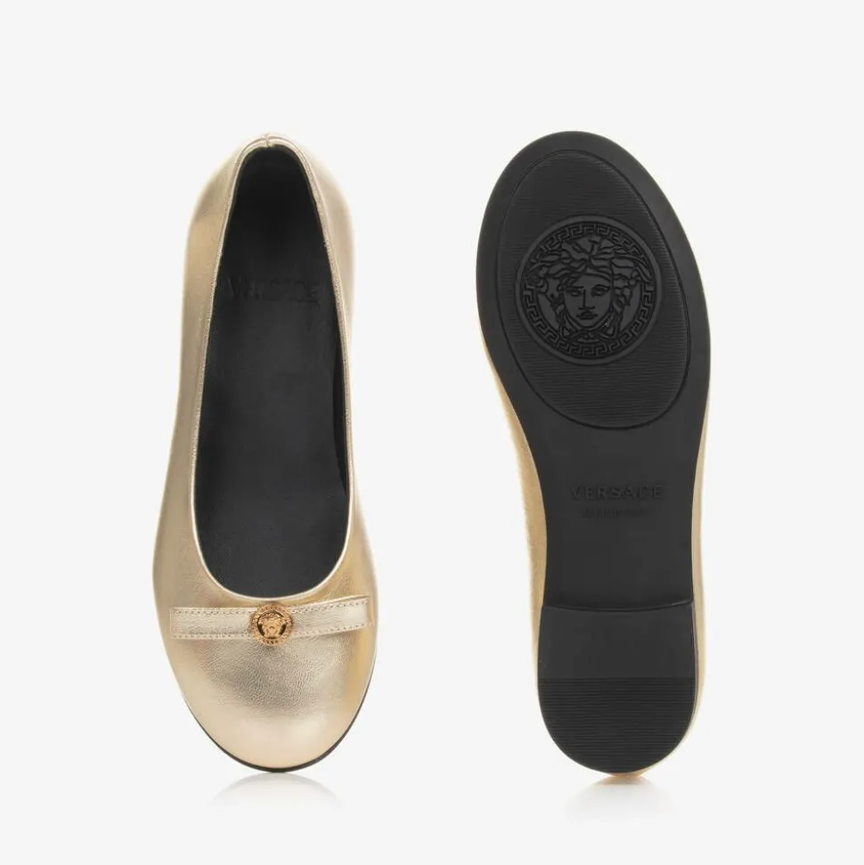 Girls Gold Leather Medusa Pumps