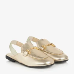 Girls Gold Leather Slingback Loafers