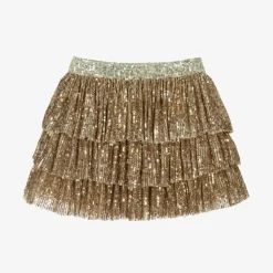 Girls Gold Sequin Tulle Ruffle Skirt