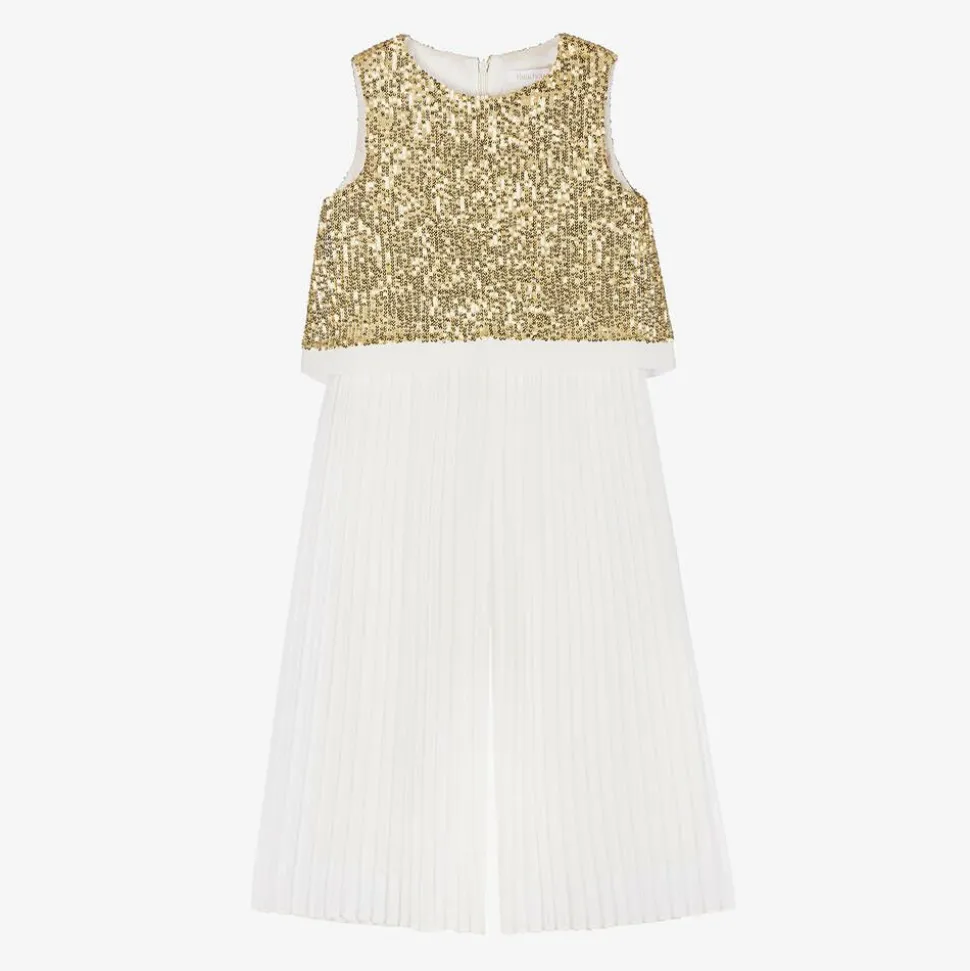 Girls Gold Sequins & Pleats Jumpsuit
