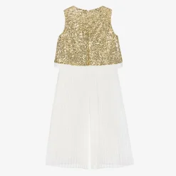Girls Gold Sequins & Pleats Jumpsuit