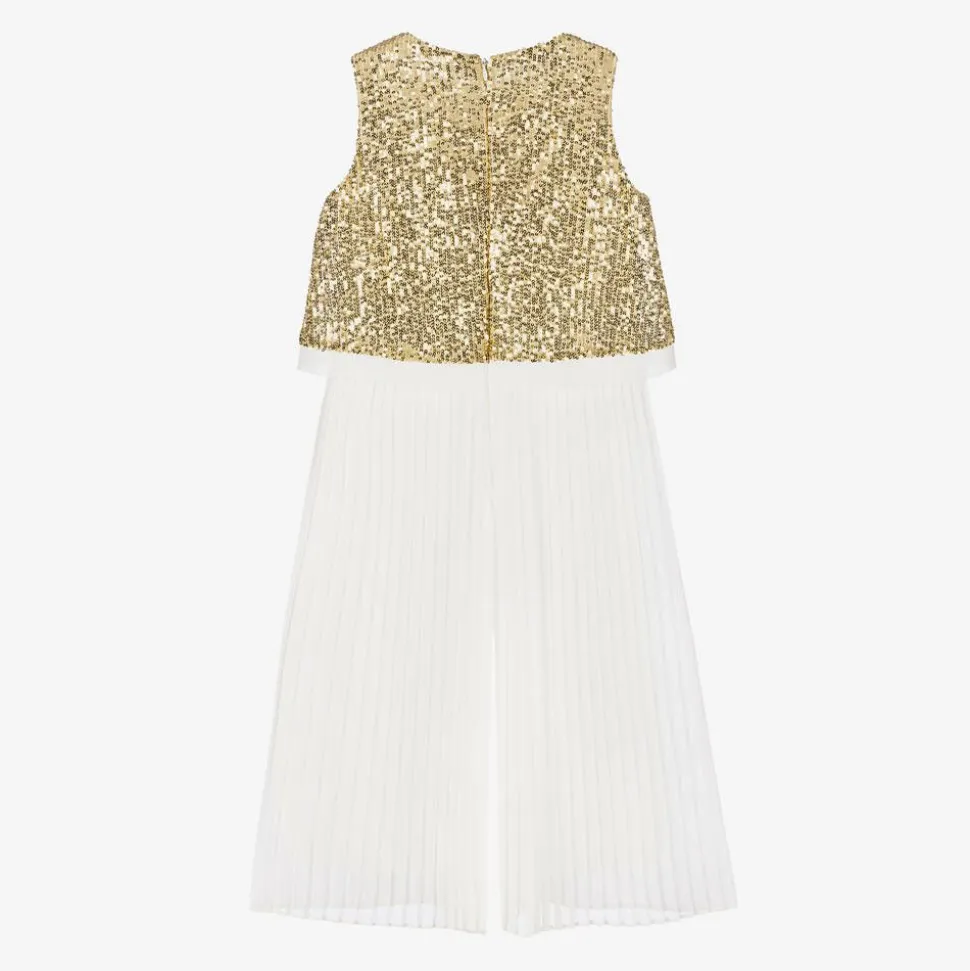 Girls Gold Sequins & Pleats Jumpsuit