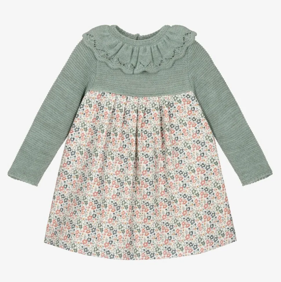 Girls Green Floral Cotton Dress
