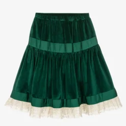 Girls Green Velvet & Lace Skirt