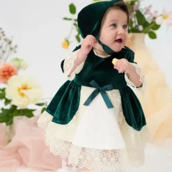 Girls Green Velvet Dress & Hat Set