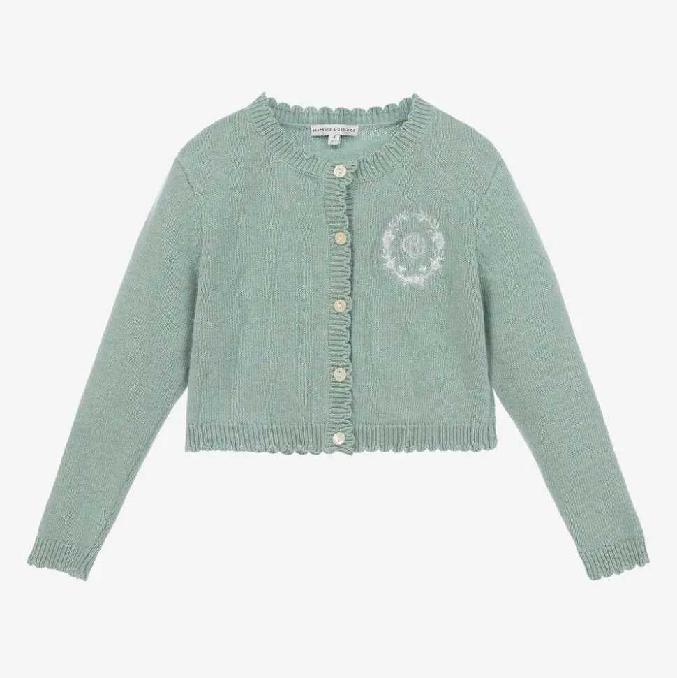 Girls Green Wool & Cashmere Monogram Cardigan