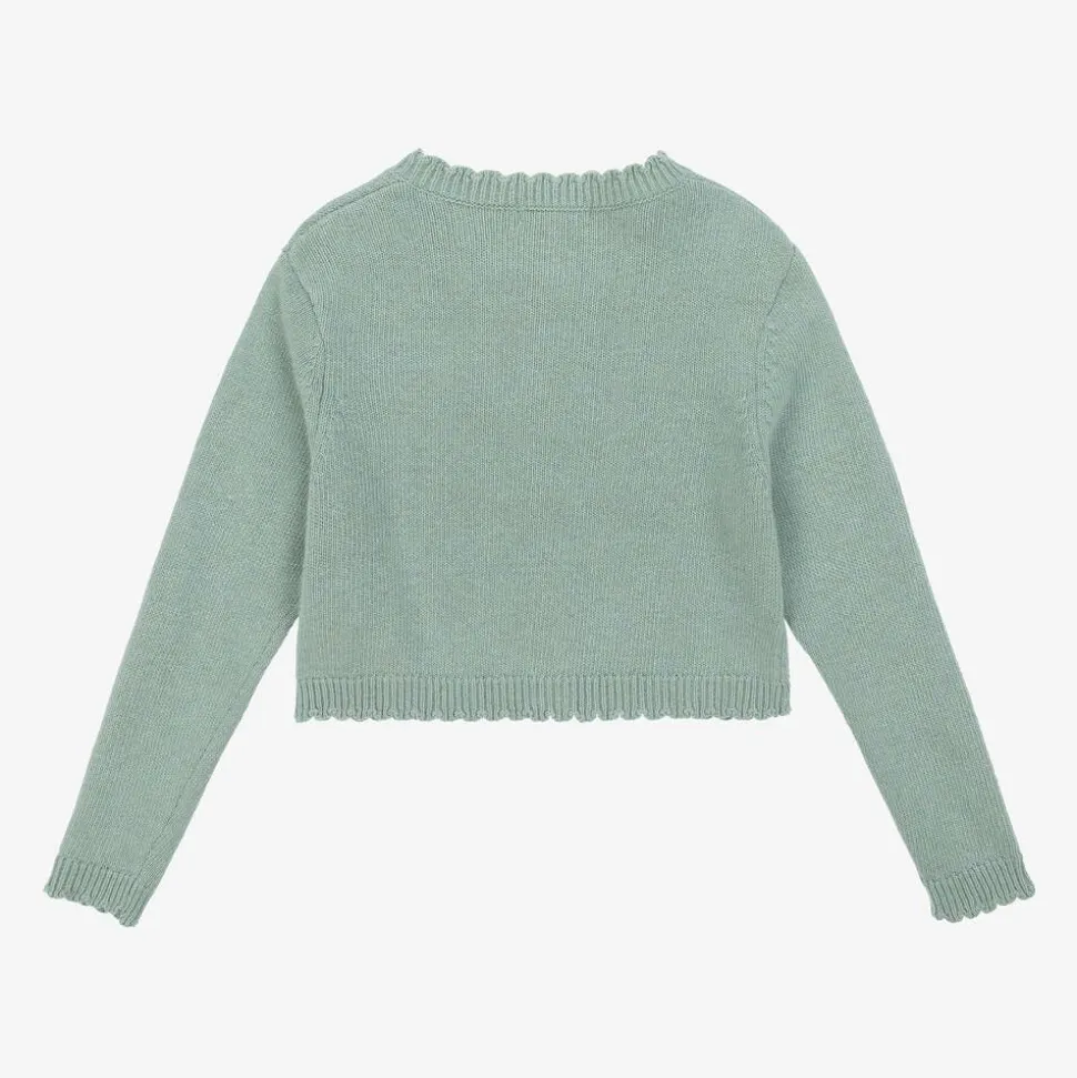 Girls Green Wool & Cashmere Monogram Cardigan