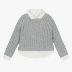 Girls Grey Cable Knit Layered Sweater