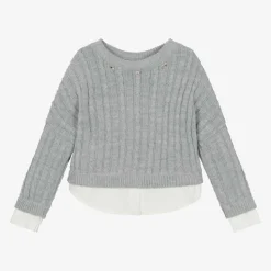 Girls Grey Cable Knit Layered Sweater