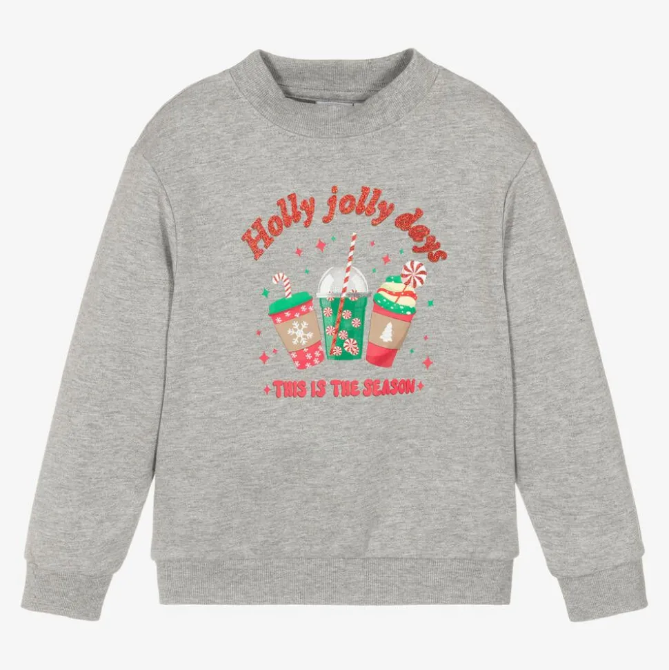 Girls Grey Cotton Festive Sweatshirt
