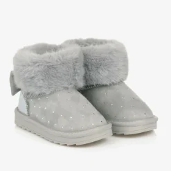 Girls Grey Faux Suede & Fur Trim Boots