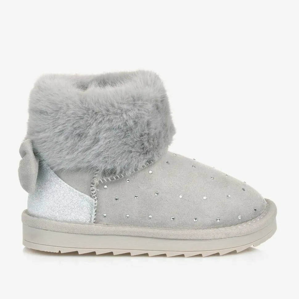 Girls Grey Faux Suede & Fur Trim Boots