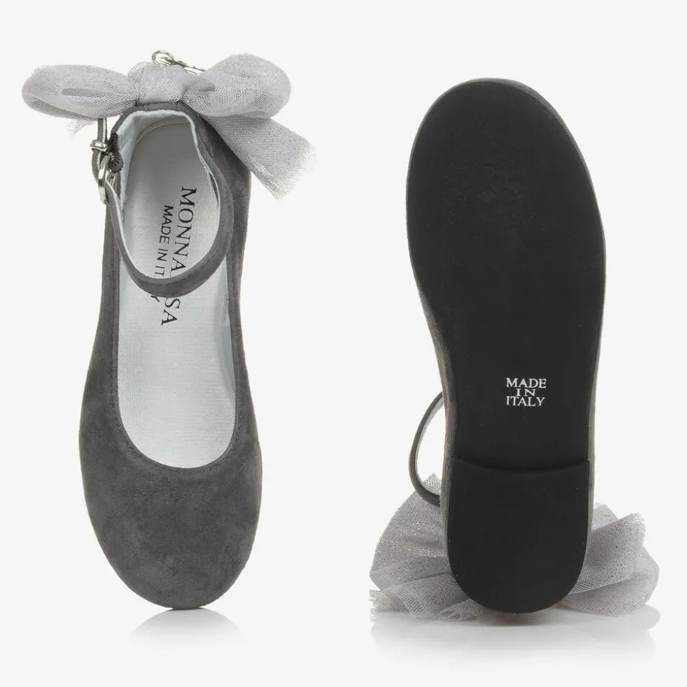 Girls Grey Suede Leather Bow Shoes