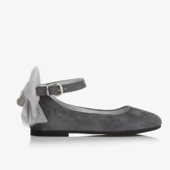 Girls Grey Suede Leather Bow Shoes