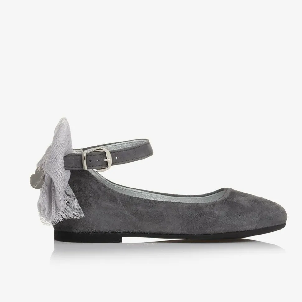 Girls Grey Suede Leather Bow Shoes