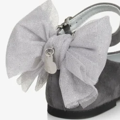 Girls Grey Suede Leather Bow Shoes