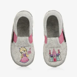 Girls Grey Wool Princess Slippers