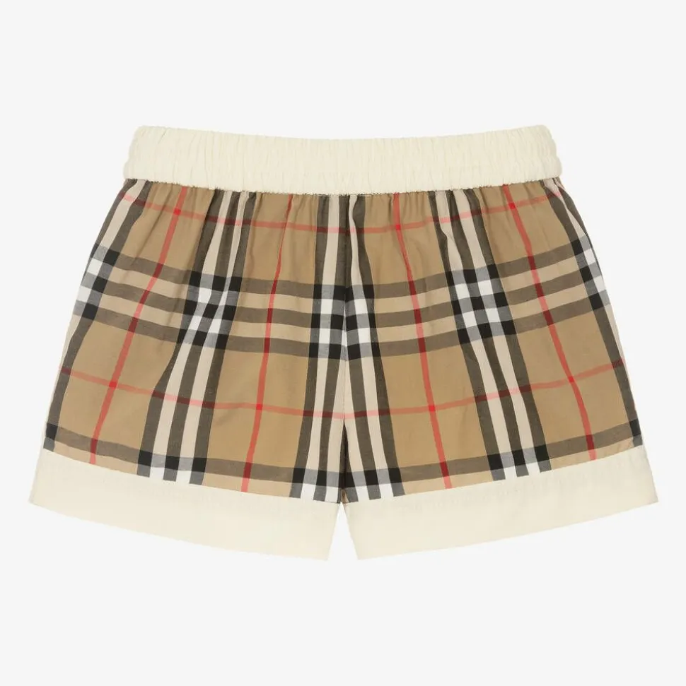 Girls Ivory & Beige Checked Shorts