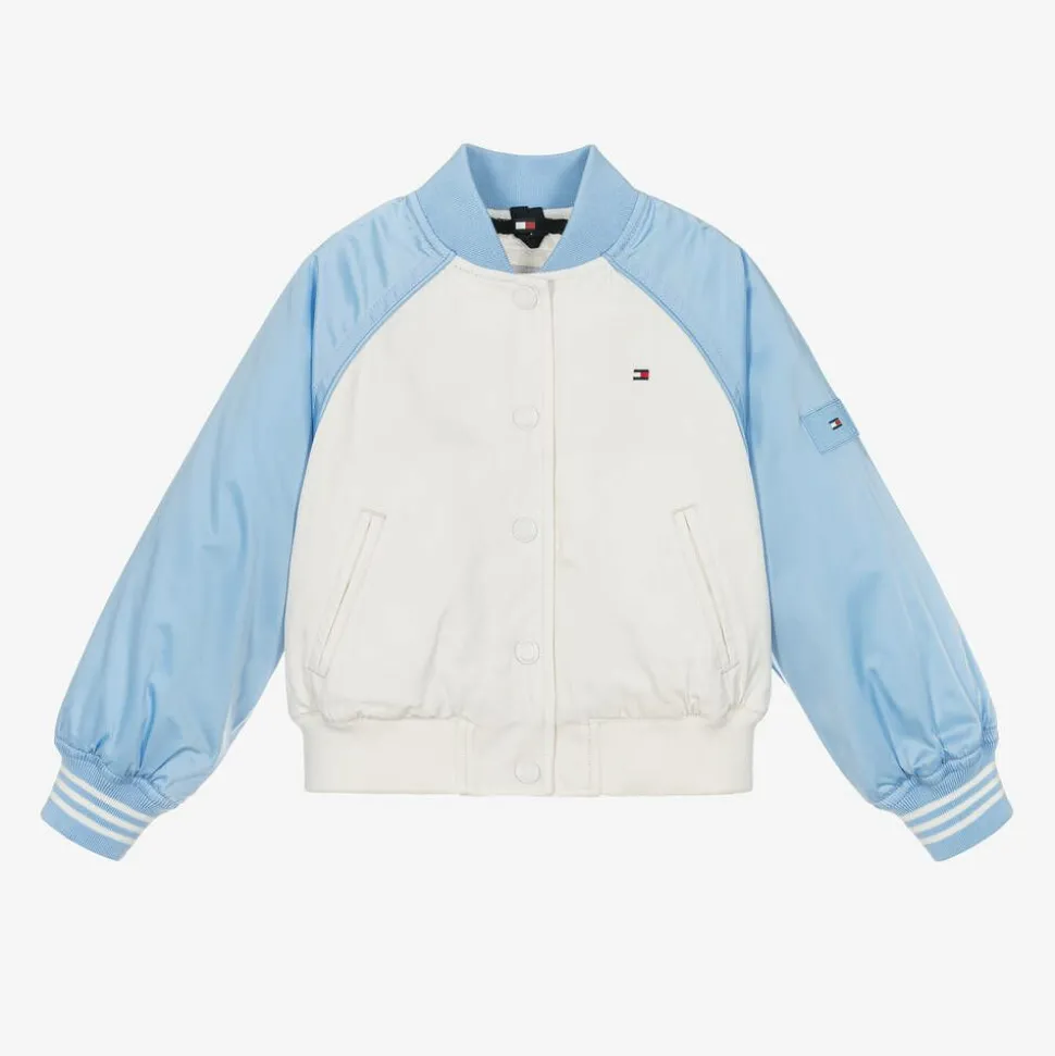 Girls Ivory & Blue Varsity Bomber Jacket