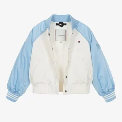 Girls Ivory & Blue Varsity Bomber Jacket