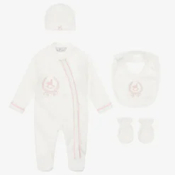 Girls Ivory & Pink Cotton Babysuit Set