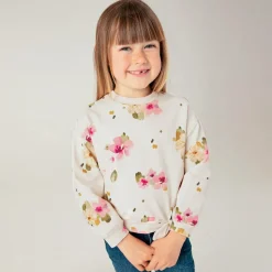 Girls Ivory & Pink Floral Cotton Sweatshirt