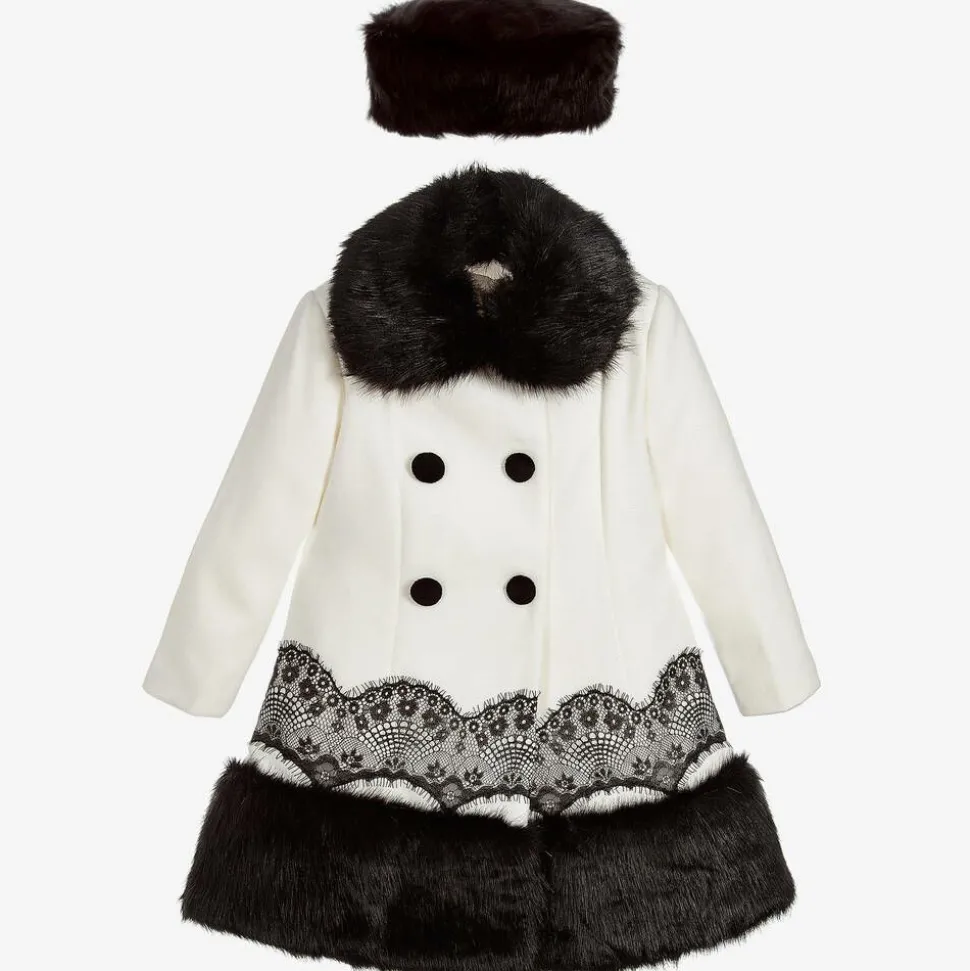 Girls Ivory Coat & Faux Fur Hat Set