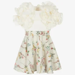 Girls Ivory Cotton & Floral Jacquard Dress