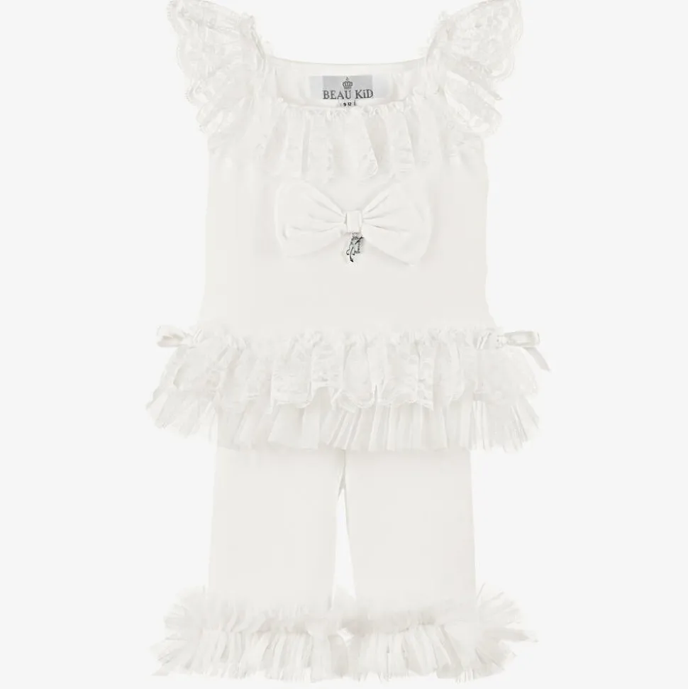 Girls Ivory Cotton & Lace Leggings Set