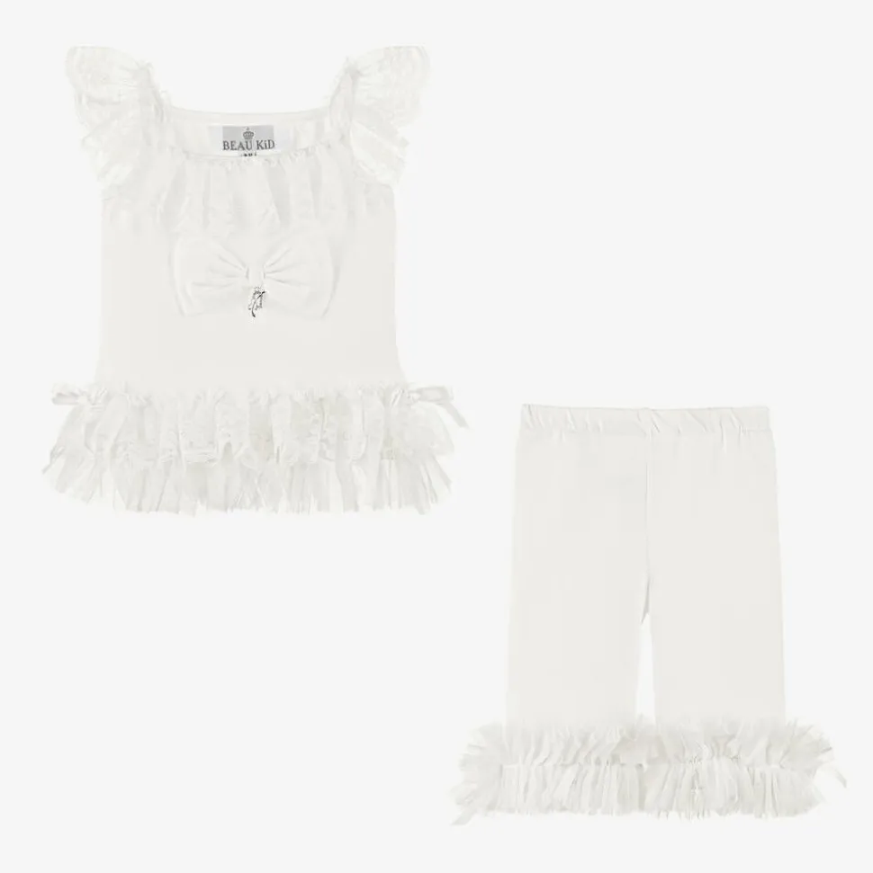 Girls Ivory Cotton & Lace Leggings Set