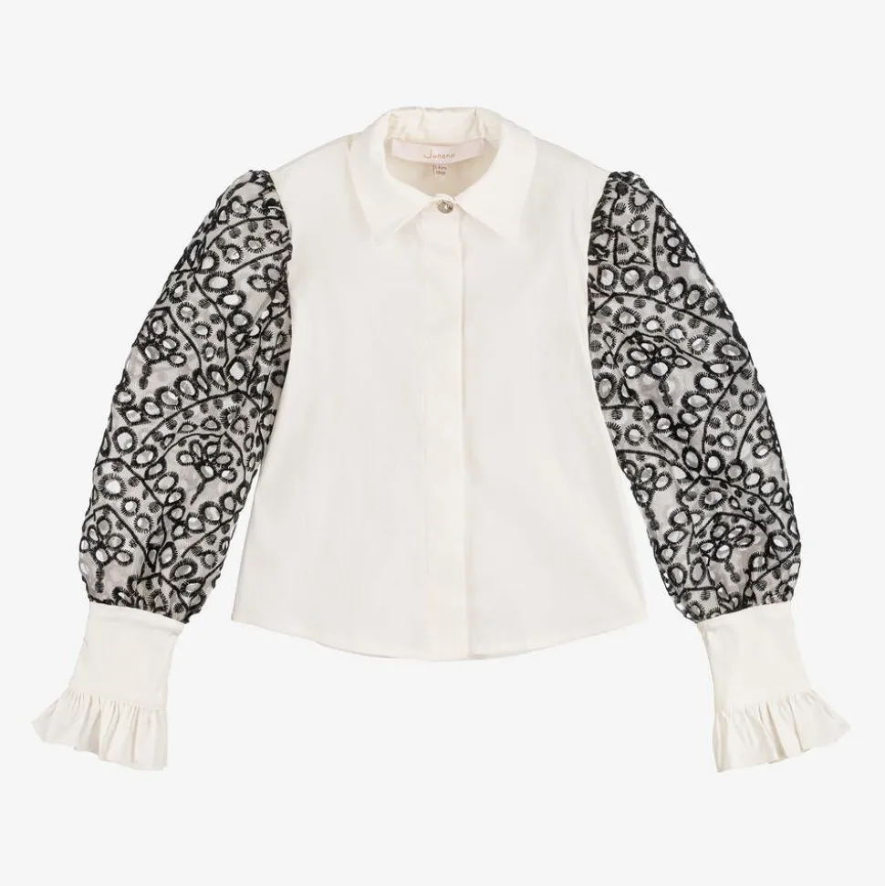 Girls Ivory Cotton & Organza Blouse