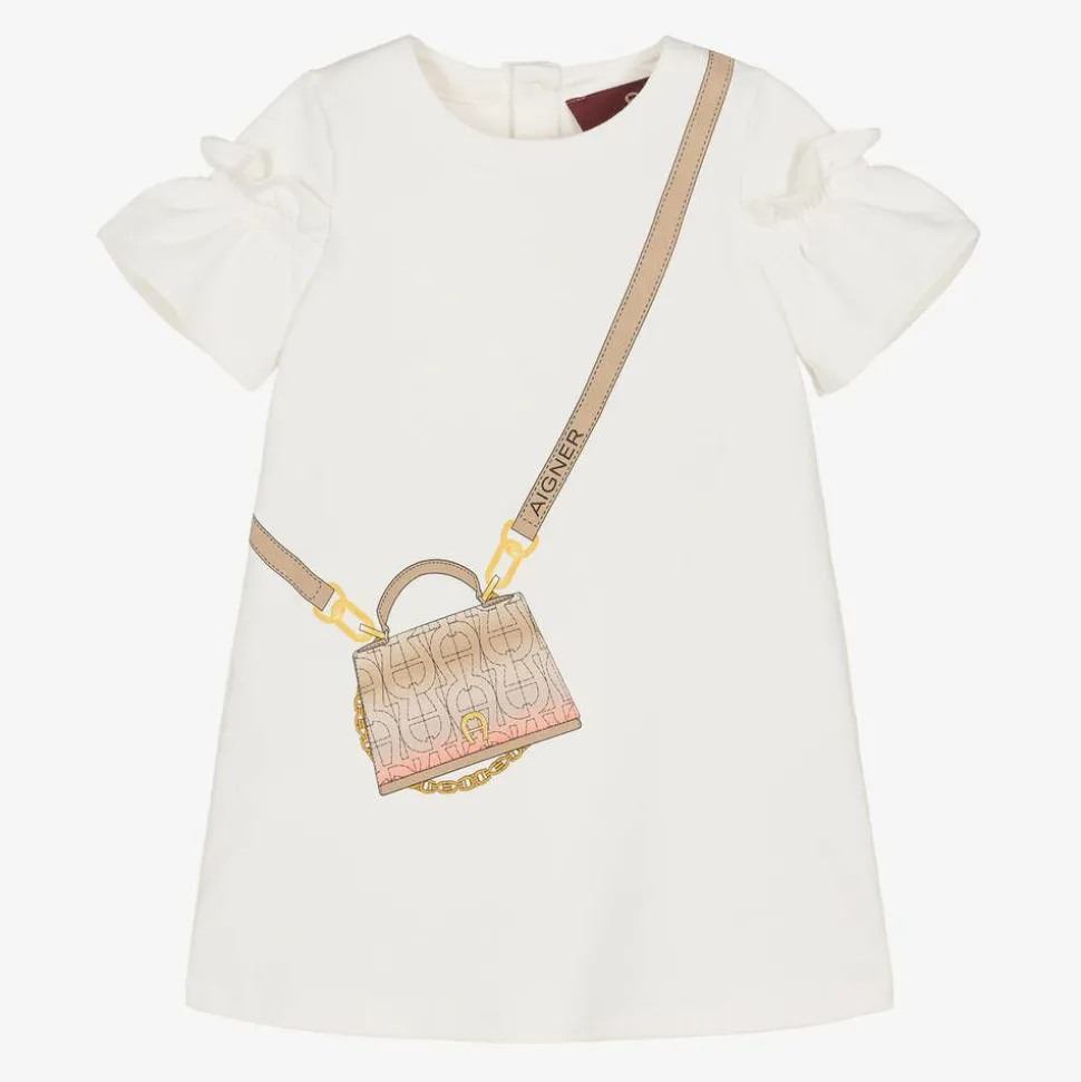 Girls Ivory Cotton Bag Print Dress