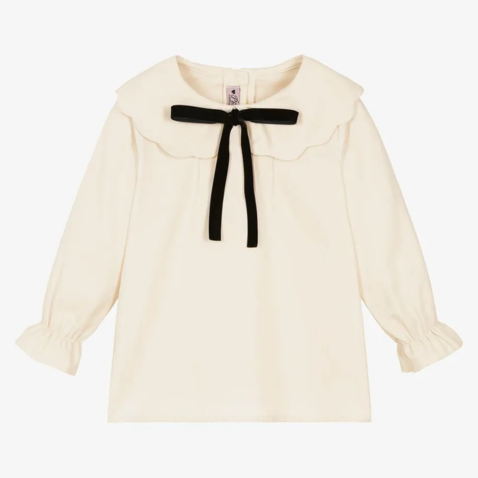 Girls Ivory Cotton Bow Collar Blouse